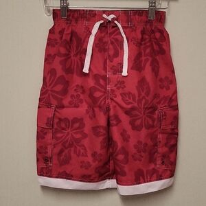 Vintage Urban Pipeline Red Hibiscus Flower Pull-on Cargo Swim Trunks